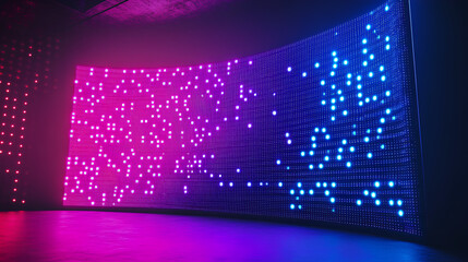 Poster - Authentic concave LED display for a wall or platform. Large TV display depicted in a vector illustration with neon blue and purple dot lights. Stadium digital scoreboard with diode lights 