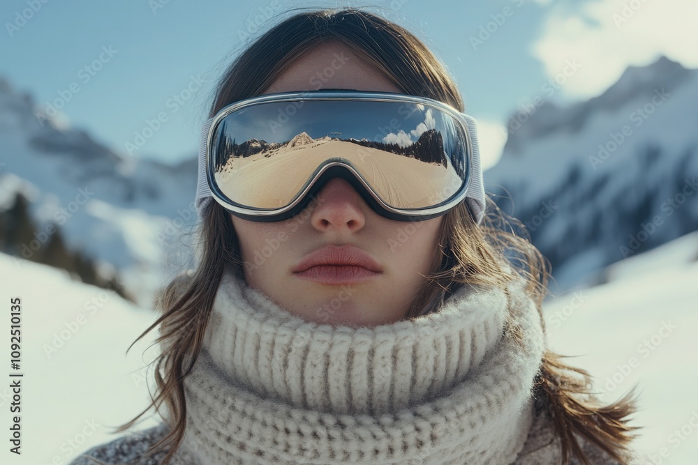 A woman stands in a snowy landscape, wearing oversized ski goggles that reflect the bright sky and mountains. She is wrapped in a cozy sweater, enjoying the cold atmosphere.