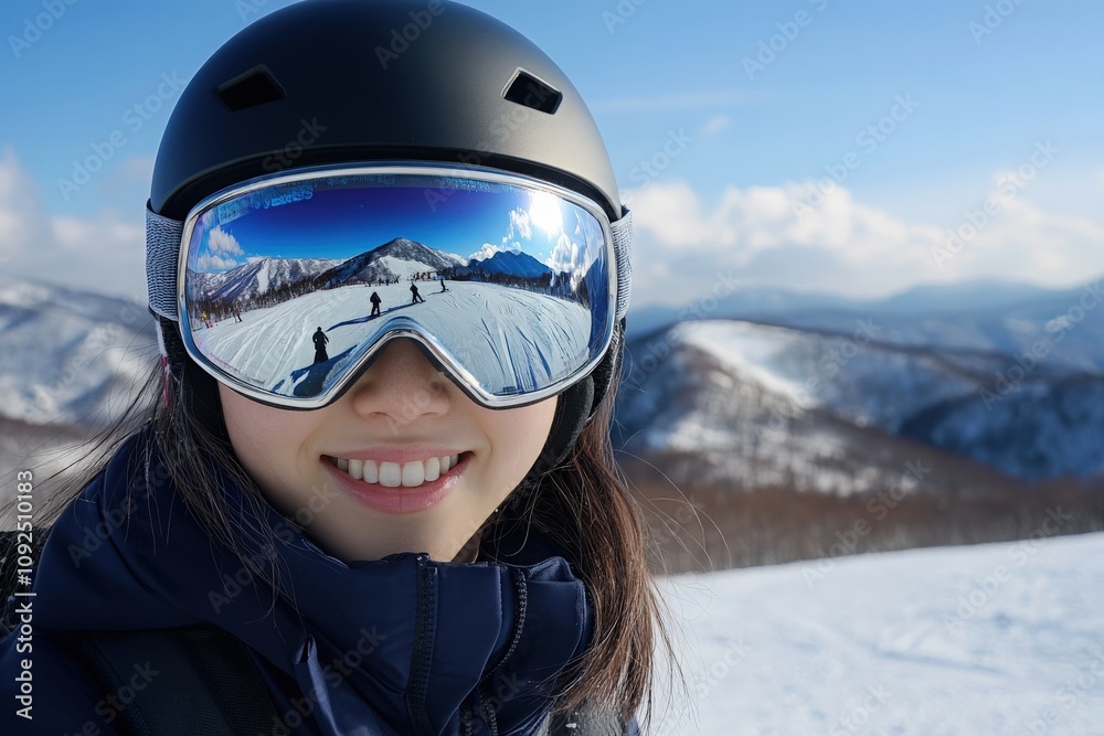 A skier poses with a big smile while wearing a helmet and goggles. The backdrop features snow-covered mountains and a clear blue sky, creating a perfect winter day for skiing.