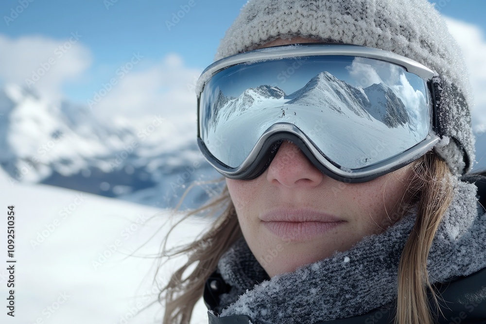 A person with winter goggles stands against a backdrop of snow-covered mountains. Their goggles reflect the stunning peaks and bright blue sky, capturing the essence of a winter day outdoors.