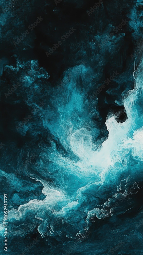 Vivid blue and white colors swirl together, forming dynamic shapes against a dark backdrop. The abstract composition evokes a sense of depth and movement, inviting exploration.