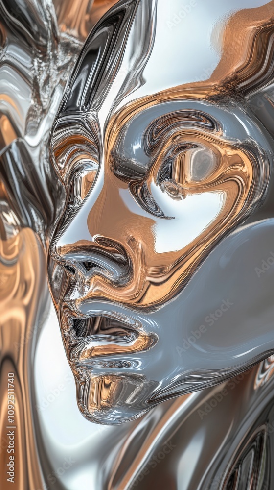 A mesmerizing sculpture of a human face crafted from shiny metallic materials reflects various light patterns.