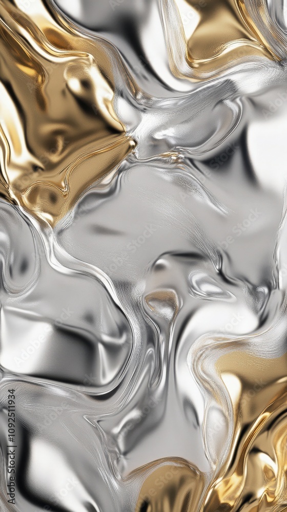 Shimmering silver and gold waves flow together in an abstract formation, showcasing a captivating interplay of light and texture. This artwork provides inspiration for various design projects.
