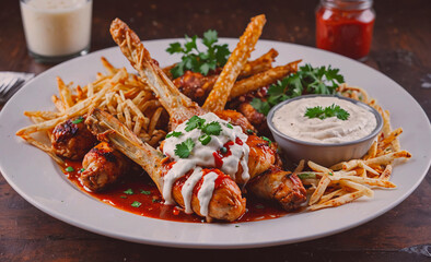 Poster - Plate of chicken wings and french fries with a white sauce. The sauce is in a bowl on the left side of the plate