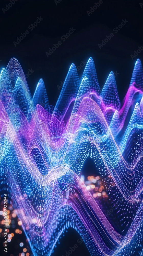 Bright waves of light in vibrant colors ripple across a dark backdrop, evoking a sense of energy and motion. The intricate patterns and luminous hues create a mesmerizing effect.
