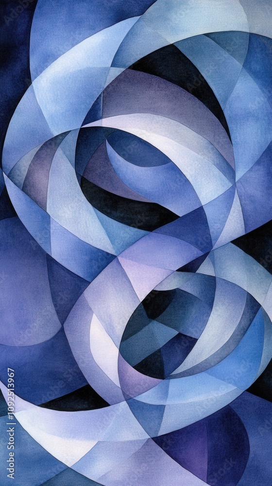 An abstract artwork depicts flowing shapes and curves in various shades of blue. Gradients create depth and movement, inviting viewers to interpret the harmonious design.