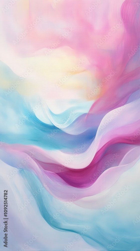 Swirling waves of pastel colors blend seamlessly, creating a calming and ethereal atmosphere. The soft hues of pink, blue, and white evoke a sense of tranquility and movement.