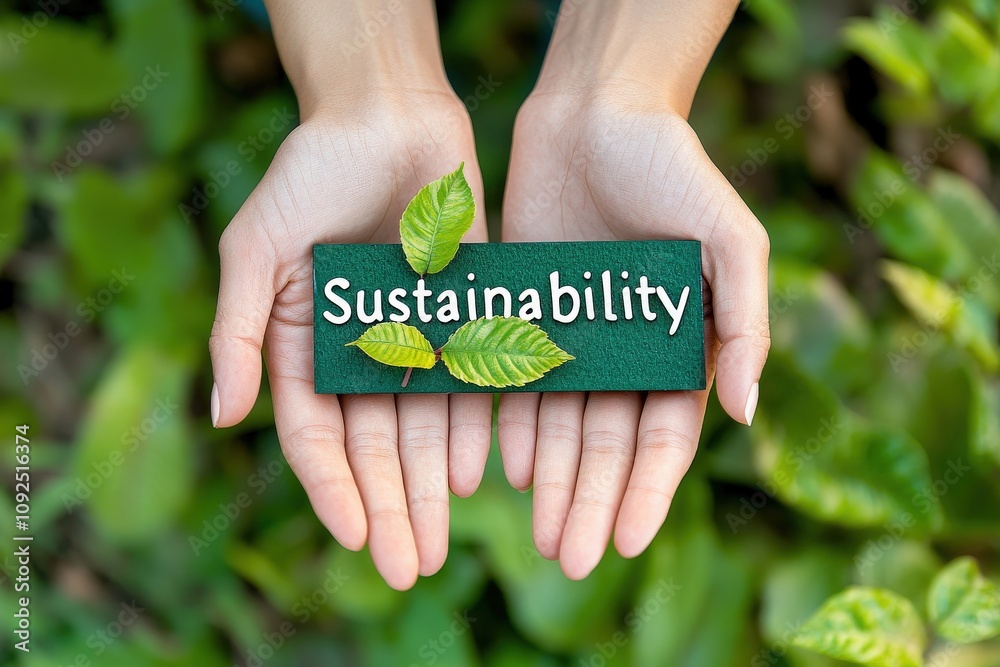 Two hands gently support a sign featuring the word sustainability, adorned with vibrant green leaves. The background is rich with greenery, emphasizing environmental awareness.