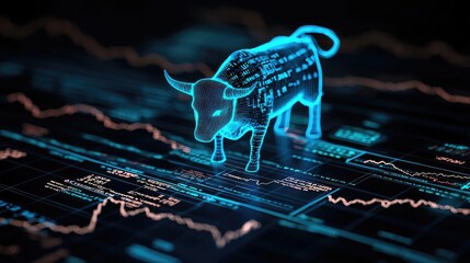 Poster - Digital bull symbolizing stock market growth on data graphs.