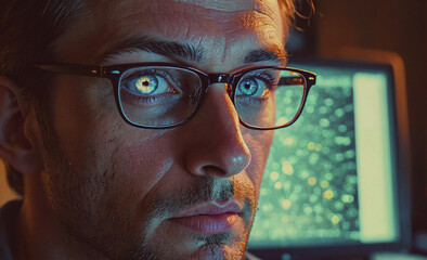 Aufkleber - Man wearing glasses is looking at a computer screen. The screen is green and has a blurry image