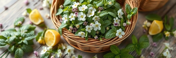 Wall Mural - Aromatic lemon balm herbs in a basket with flowers and leaves scattered around, nature, leaves