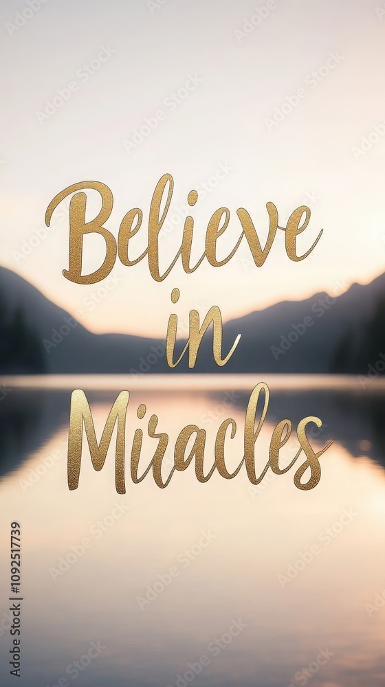 A serene lake reflects the soft hues of dawn while a gold script encourages viewers to believe in miracles. Mountains frame the background, creating a peaceful atmosphere at morning.
