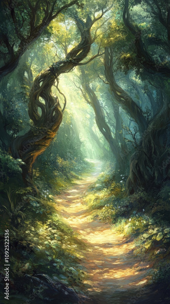 A winding path through a vibrant forest, with sunlight filtering through lush foliage, creating an enchanting atmosphere. The trees are twisted and ancient, adding a magical feel.