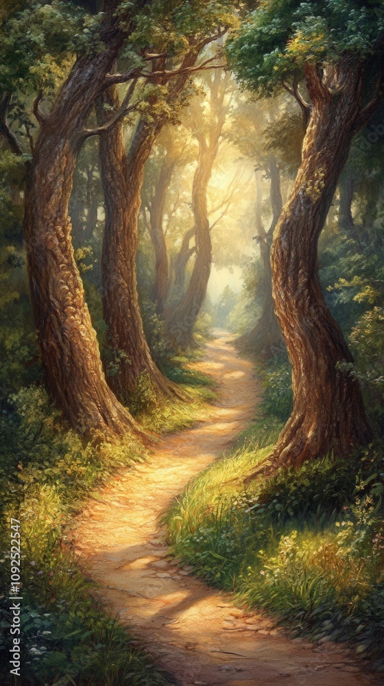 A serene forest path meanders through tall trees, dappled sunlight creating a warm glow. The lush greenery hints at the onset of autumn, inviting exploration and tranquility.