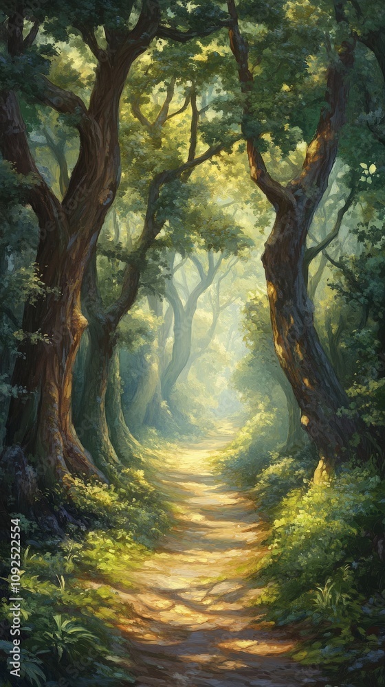 A tranquil pathway weaves through a lush forest, with tall trees towering above. Sunlight filters through the foliage, creating a peaceful atmosphere filled with greenery.