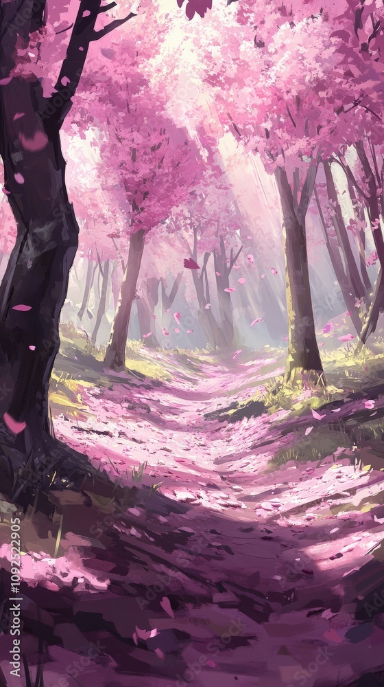 A peaceful forest pathway is surrounded by vibrant pink trees, with petals gently falling to the ground. Sunlight filters through the branches, enhancing the serene atmosphere of spring.