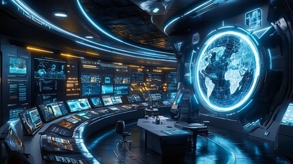 Poster - Futuristic Global Monitoring Command Center with Holographic Earth Display