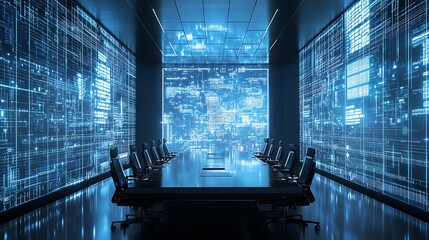 Poster - Futuristic Conference Room with Data Visualization Walls and a Sleek Table