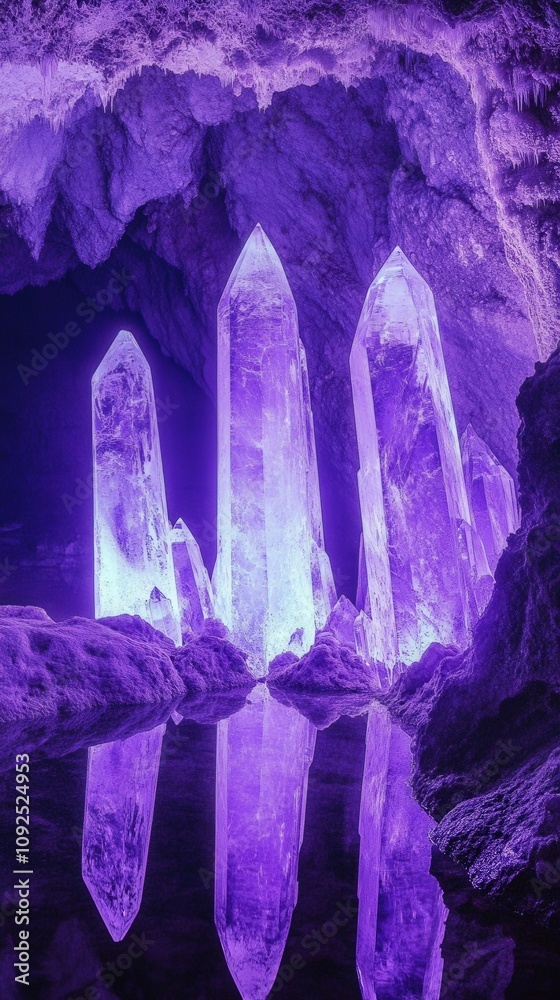 Stunning crystal formations rise from the water, glowing with vibrant purple light in a mystical cave setting. The reflections create an enchanting atmosphere perfect for exploration.