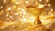 © Seyyar - Shiny gold achievement trophy on a glittering golden backdrop with sparkling lights and a textured surface reflecting luxury and success.
