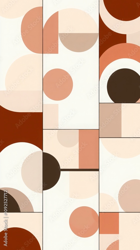 This artwork features a blend of circles and squares arranged in a dynamic pattern. Warm earth tones dominate the design, offering a stylish touch ideal for contemporary interiors.