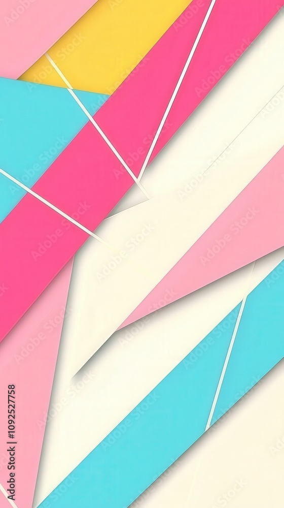 Bright pastel shapes in pink, blue, and yellow intersect and overlap against a soft cream background, creating a dynamic and visually appealing abstract composition full of energy.