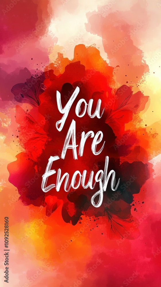 Colorful artwork features the empowering phrase you are enough, surrounded by a warm blend of reds, oranges, and yellows. The design promotes positivity and self-acceptance.