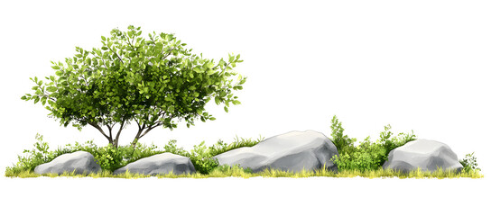 Wall Mural - vector watercolor green tree or meadow with rock side view isolated on white background for landscap