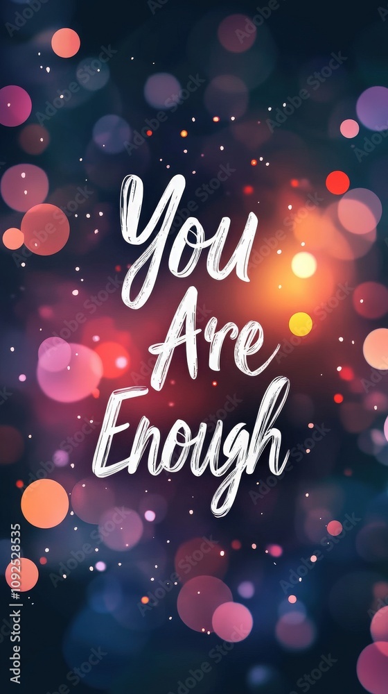 A vibrant background filled with soft bokeh lights showcases the uplifting message that emphasizes self-acceptance and affirmation. This artwork inspires positivity and confidence.