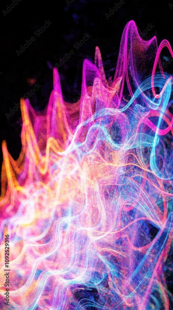 Bright, swirling waves of light in various colors create an abstract pattern against a dark background. The fluid motion of colors suggests energy and dynamism, captivating viewers.