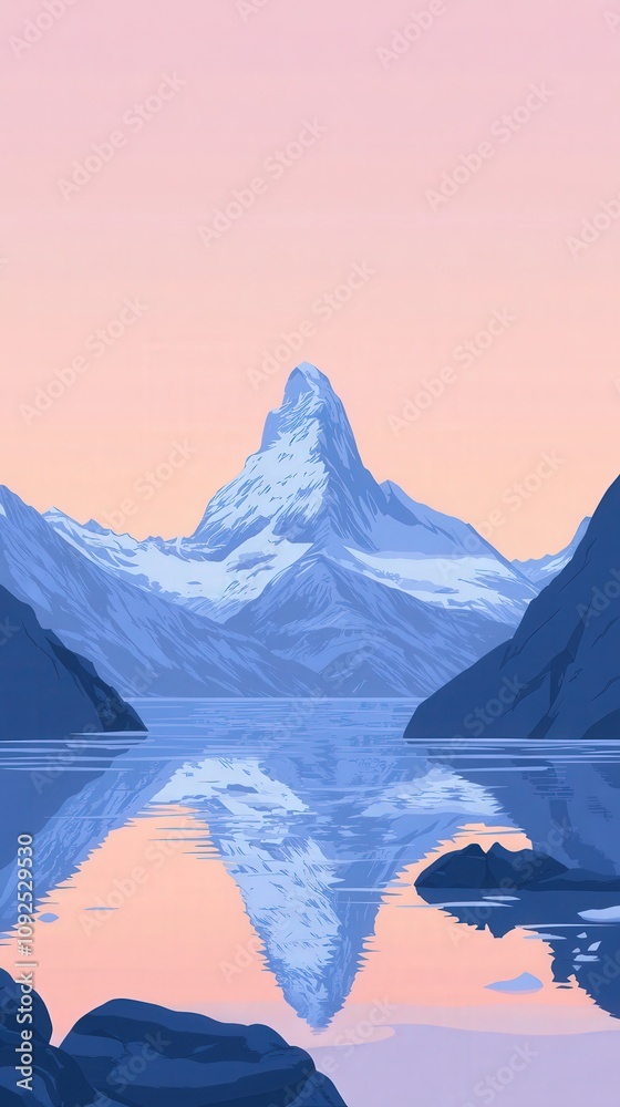 Snow-capped mountains tower majestically over tranquil waters, capturing the warm hues of sunset. The still lake mirrors the rugged peaks, creating a serene and picturesque ambiance.
