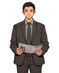 Poster - confident journalist stands isolated on white background, holding newspaper. professional attire and focused expression suggest dedication to reporting