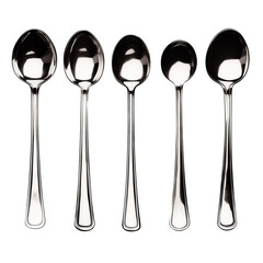 Poster - Five stainless steel measuring spoons are neatly arranged in row on white background, showcasing their sleek and reflective design