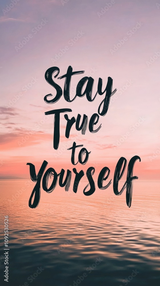 A calming sunset over the ocean features an uplifting quote that encourages self-acceptance and authenticity. The sky displays soft hues of pink and orange reflecting on the water.
