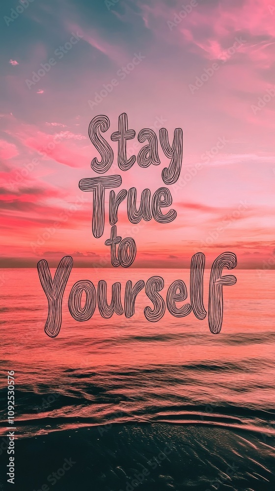 A serene ocean at sunset showcases vibrant pink and orange hues reflecting on the water. The words Stay True to Yourself encourage personal authenticity and self-acceptance.