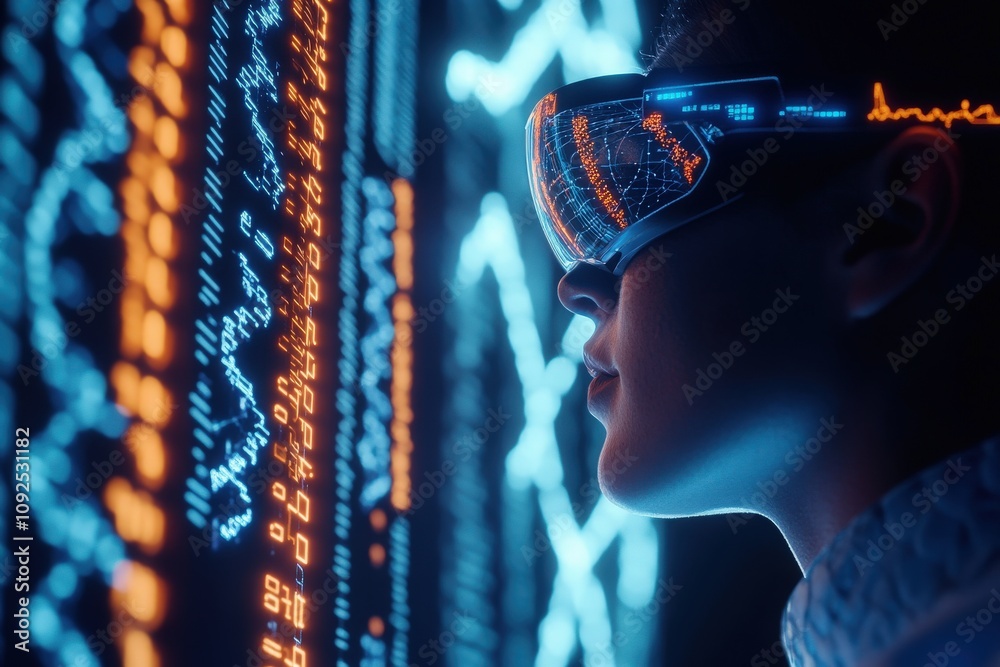 A person wearing smart glasses interacts with a vibrant digital interface filled with flowing data and graphics. The scene evokes a sense of advanced technology and innovation.