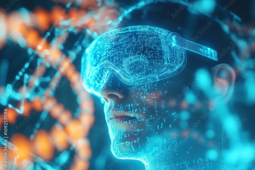 A person wears advanced virtual reality goggles, surrounded by glowing digital graphics and data visualizations. The environment suggests an exploration of technology and innovation.
