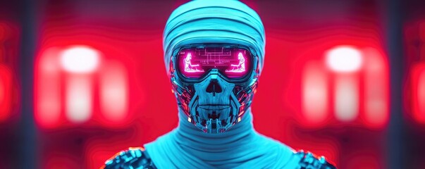Poster - Futuristic robot with neon lights against a vibrant red background.