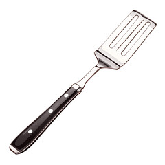 Aufkleber - stainless steel slotted spatula with black handle isolated on white background, showcasing its sleek design and functionality. Perfect for cooking and serving