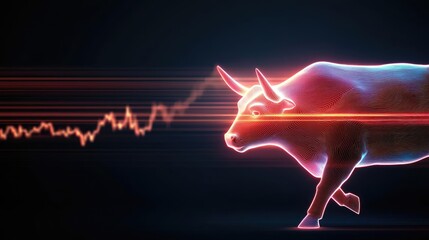 Poster - Bull symbolizing finance over a rising graph with neon light effects.