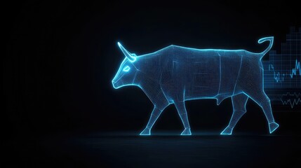 Poster - Digital bull graphic with glowing lines and data visualization on a dark background.