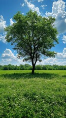 Wall Mural - Lush green tree in a vibrant meadow under blue sky.