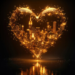 Poster - Golden city in the shape of a heart levitates on a black background.