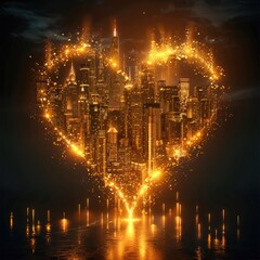 Poster - Golden city in the shape of a heart levitates on a black background.
