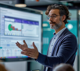 A collaborative office setting where employees engage in a training session. A facilitator points to a screen displaying a digital learning platform with courses and skill assessments.