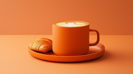 Poster - A minimalist coffee table setup featuring a latte and croissant, styled with bold colors and sharp lines