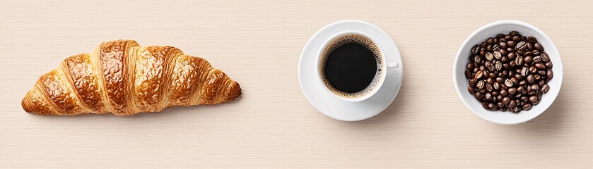 Poster - Espresso shot in action, with a close-up of beans and croissants styled with editorial precision