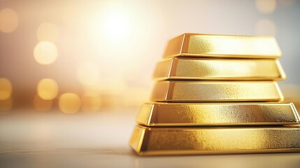 Aufkleber - Gold bars stacked, illuminated by soft light, elegant background.