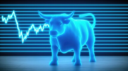 Aufkleber - Blue glowing bull with a stock market graph background
