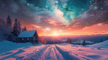 Poster - Colorful sky with shining galaxy, long road with heavy snow, with a wooden house.